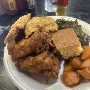 Fried fish &amp; chicken, greens, and sweet potatoes