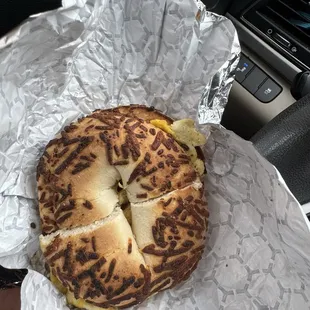 Asiago and cheese bagel with egg