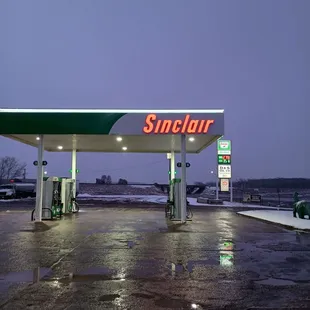 a gas station at dusk