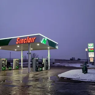 a gas station at dusk