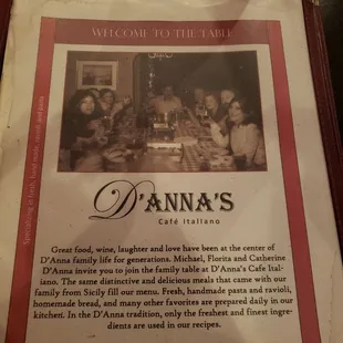 Cover of the menu with backstory