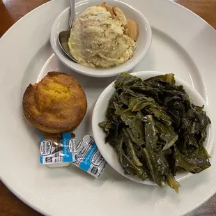Side of collard greens, banana pudding and a corn muffin