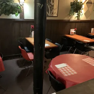 tables with red tablecloths