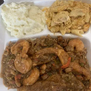 Smothered catfish and shrimp.  Mac n Cheese Mashed Potatoes 02/23/2024