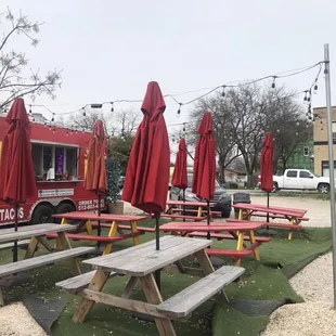 picnic tables and umbrellas