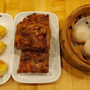 Dim Sum. BBQ pork puff pastry (L), Taro cakes with meat (M), Shrimp dumplings (R). Liked all but the Taro cakes.