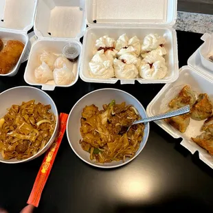 Egg rolls, shrimp dumplings, steamed BBQ pork buns, pan-fried pot stickers, beef chow fun noodles