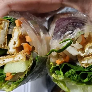 a hand holding a sandwich wrapped in plastic wrap