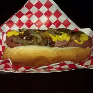 Polish Sausage with mustard and caramelized onions.