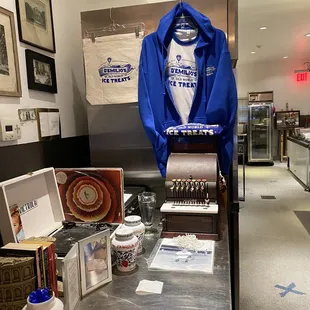 a blue jacket on display