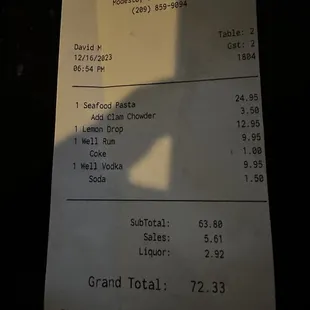 Receipt.  Charged for Coke and soda mixers.