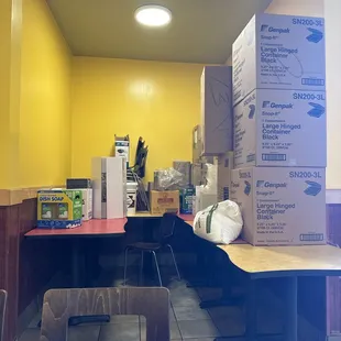 Supplies in the dining area.