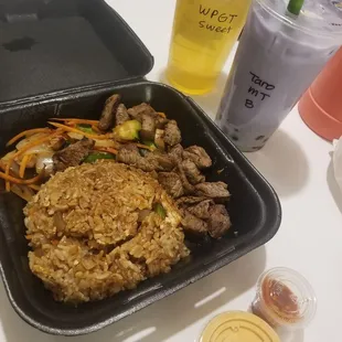 #3 Steak &amp; veggies with fried rice, taro milk tea and green tea.