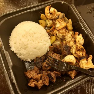 Hibachi steak and shrimp with steamed rice