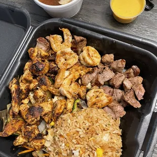 Chicken, steak, shrimp, fried rice and onion soup