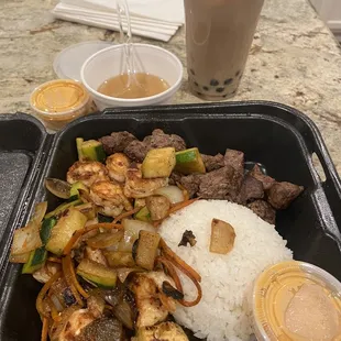 Steak and shrimp combo, miso soup, Lavender Milk tea boba