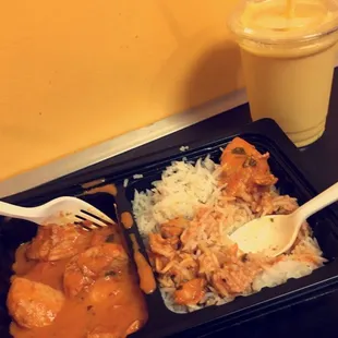 Chicken Tikka Marsala with rice $7.50 and mango lassi $3.00