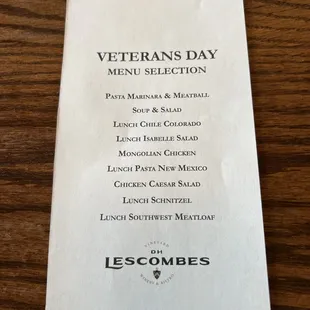 Very nice menu for Veterans Day