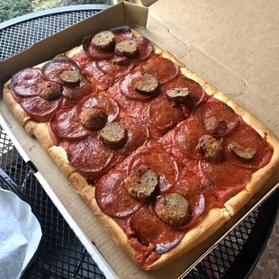 Sicilian Style Pepperoni and Meatball Pizza