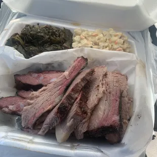 Brisket, ribs, "potato salad" &amp; greens
