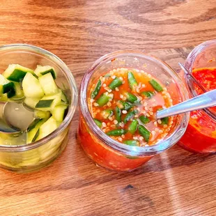 Pickled cucumbers, spicy chili peppers and samba chili paste
