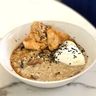 Oatmeal with Gravlax Salmon, Forest Mushrooms, and a Poached Egg