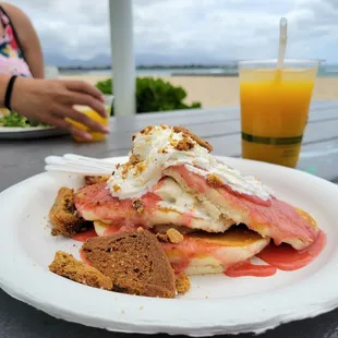 Strawberry Cheesecake Pancakes w/ a side of orange juice (the pancakes were part of a Mother&apos;s Day special)