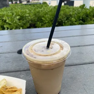 Iced Cafe latte mac nut syrup with coconut milk