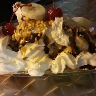Salted caramel, vanilla and cake batter banana split i shared with my sister and nephew.