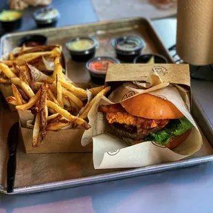 Southern Burger w/ regular fries and various dips.