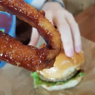 Bbq burger with huge onion ring