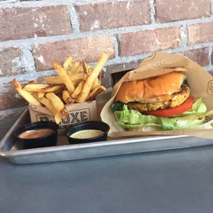 Veggie Burger &amp; small fries with three mustard and honey and chipotle mayo dipping sauces