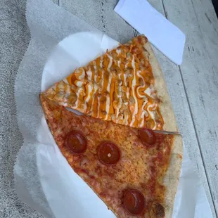 Buffalo Chicken Pizza &amp; pepperoni pizza