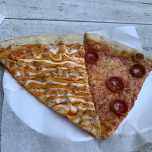 Buffalo Chicken Pizza and pepperoni pizza