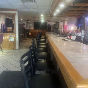 a row of chairs at the bar