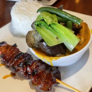 $11.99 Lunch Special with two choices (photo of BBQ Chicken Skewer &amp; Kare Kare)