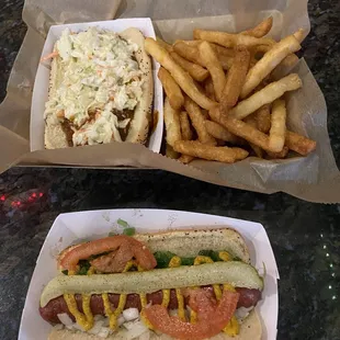 Chicago dog, slaw dog, fries.