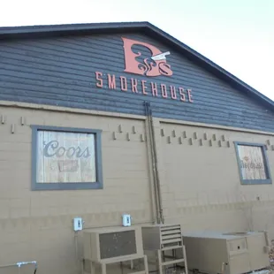 Outside of the building, view looking west.