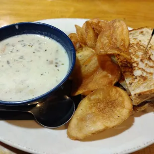 Three Little Pigs sandwich with chicken wild rice soup.