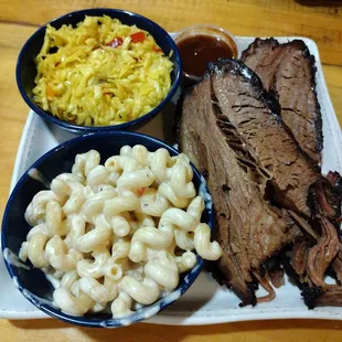 Brisket with mac and cheese and pickled slaw.