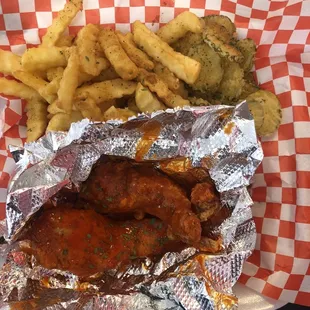 Fired pickles,fries and Buffalo chicken strips