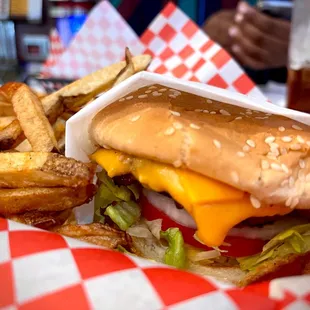 cheeseburger and fries