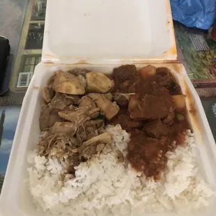 a meal in a styrofoam container