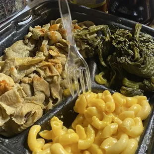 Chitterlings, mustard greens, and macaroni and cheese