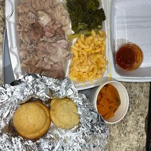 Chitterling plate with greens , Mac and cheese and a side of candied yams