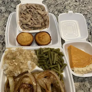 Liver and onions with white rice w/gravy and green beans. Excellent chitterlings with corn muffins and wonderful sweet potato pie.