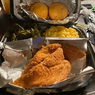 Fried catfish,greens, Mac cheese and cornbread