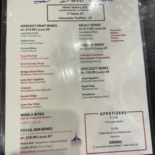 List of available wines for tasting