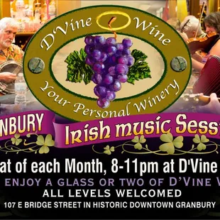 On HOLD  please watch for updates.   The Irish Music Session will resume at some time at D'Vine Wine the 3rd Sat. from 8-11 pm each month.