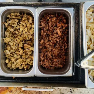 Our Premium TRIO (Steak, Chicken &amp; Pork) and grilled onions.